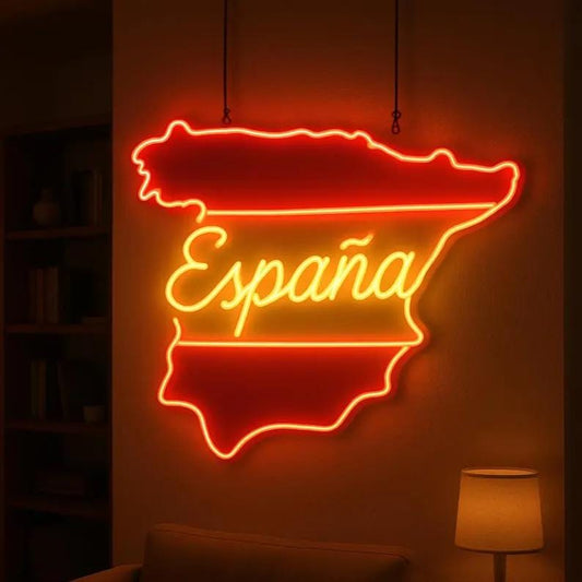 Letrero de neón de España: Arte mural con mapa de España LED, luz de neón inspirada en viajes para decoración del hogar o la oficina.