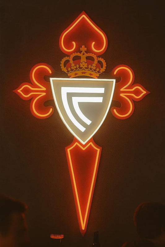 cartel escudo de neón led flex metacrilato y vinilo de CELTA DE VIGO de la liga de fútbol,regalo, para pared de un bar