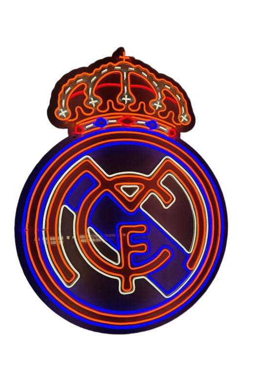 Lámpara de Neón regalo Madrid, escudo metacrilato y neón led Iluminación LED en Azul, Naranja y Blanco,fmedidas 75x100cm