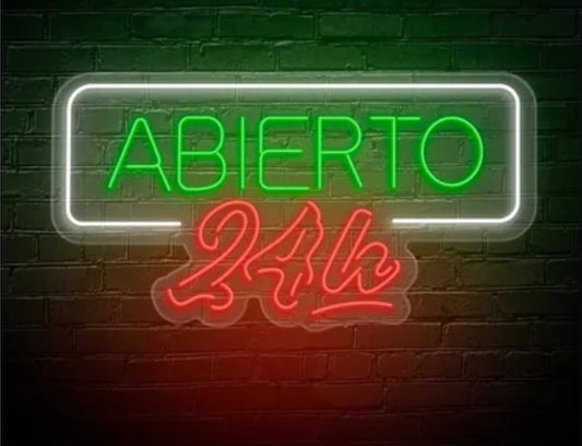 Letrero de Neón Abierto 24h, Señalización Luminosa LED, Verde y Rojo