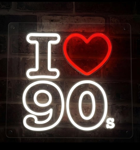 Letrero LED Decorativo de Neón, 'I Love 90s', Luz Blanca y Roja, Estilo Retro para Pared