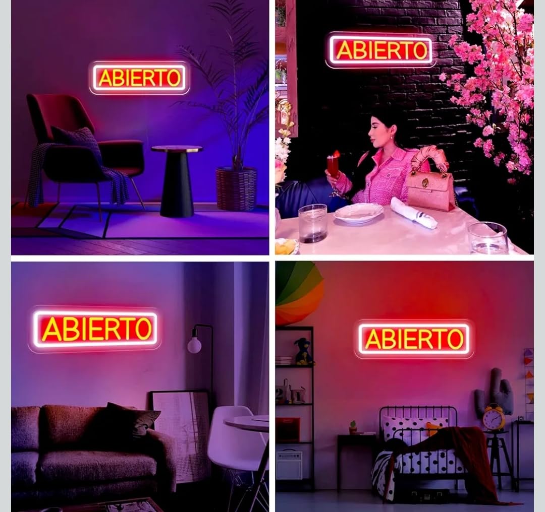 Letrero LED Neón 'ABIERTO', Cartel Luminoso para Negocio, Señal de Tienda con Cadena, Rojo y Amarillo
