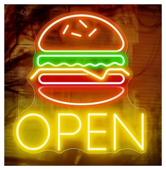 MENGE Lámpara de señalización Letrero De Neón De Hamburguesa Abierta, Decoración De Pared Para Restaurante, Tienda De Comida Rápida 50X53cm