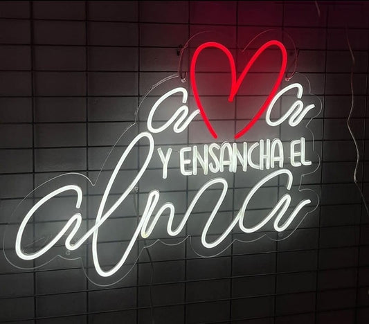 Letrero LED Decorativo de Neón, Mensaje 'Y Ensancha el Amor', Luz Blanca y Roja, Montaje en Pared