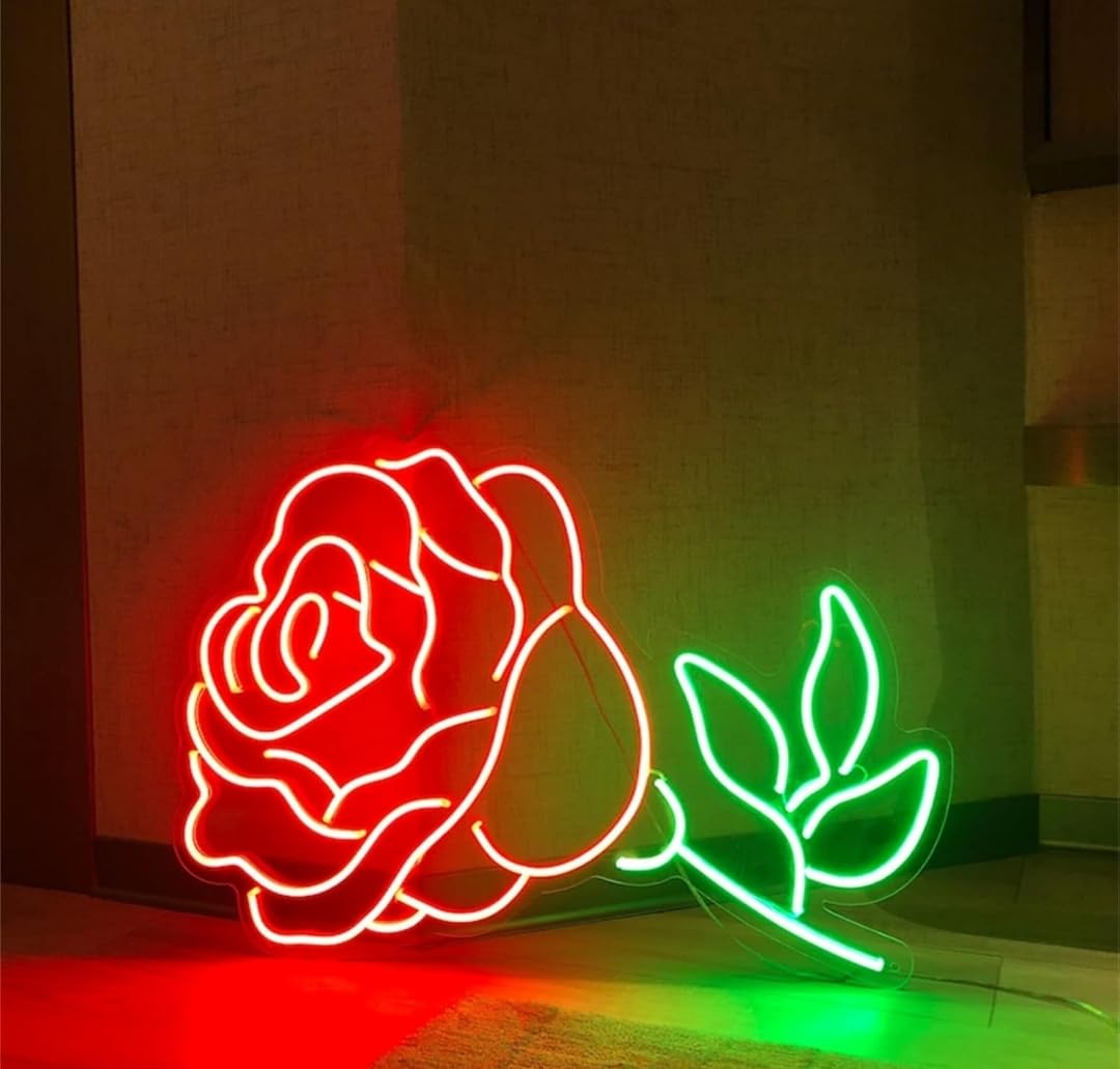 Lámpara LED de Neón Decorativa, Diseño de Rosa, Iluminación Roja y Verde para Pared