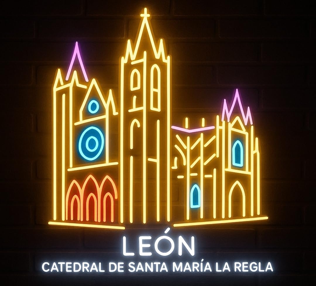 Lámpara LED de Neón Decorativa, Catedral de León, Diseño de Santa María La Regla, Iluminación Multicolor, medidas 84x,56 cm Sin texto solo imágenen en neón led