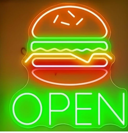 Lámpara de señalización Letrero De Neón De Hamburguesa Abierta, Decoración De Pared Para Restaurante, Tienda De Comida Rápida 50X53cm CO ALIMENTADOR 12V