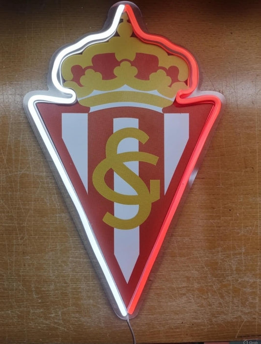 Letrero LED Decorativo del Club de Fútbol regalo Diseño Escudo Iluminado, Rojo y Dorado Gijón