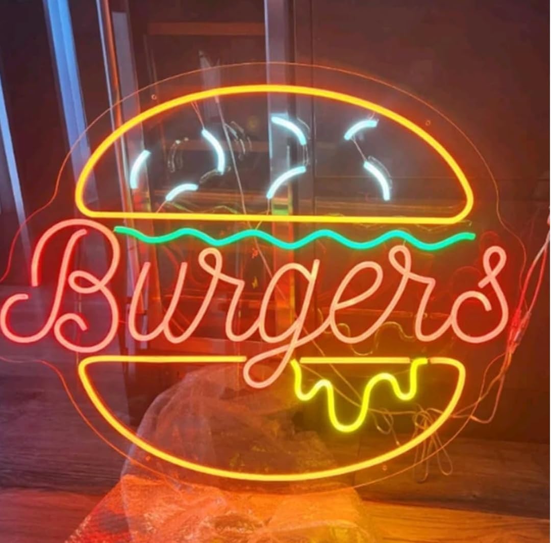 Luces Art Decoration Letreros Neón Hamburguesa Con Brillo Ajustable Y Alimentación12v Luces Neón Letras Hamburguesa Adecuados Para Decoración Tiendas bares 40cmx50cm