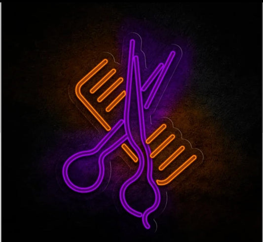 Letrero LED Decorativo de Neón para Peluquería, Tijeras y Peine, 3 Tamaños: 25cm, 33cm, 40cm, Luz Púrpura y Naranja