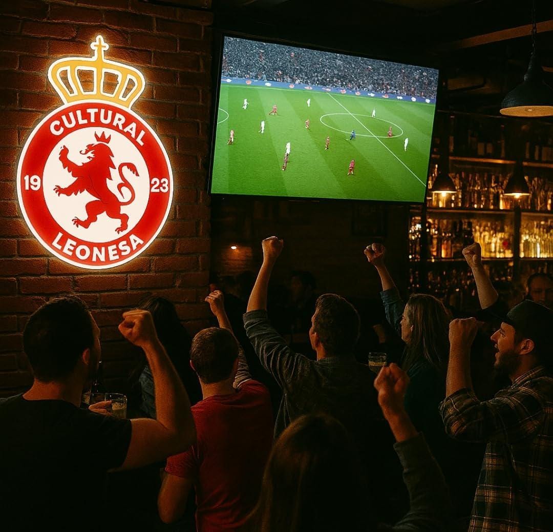 1 Cultural Leonesa escudo Pantalla metacrilato y vinilo con neón LED de Bar Deportivo, Logo Iluminado de la lga de futbol, Ambiente de Pub
