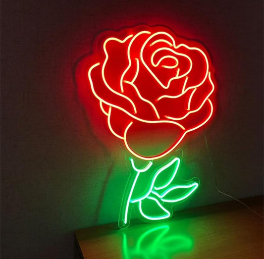 Lámpara LED de Neón Decorativa, Diseño de Rosa, Iluminación Roja y Verde para Pared