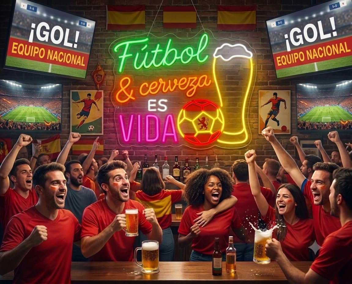 soloLED Neón LED fútbol y cerveza Letrero Luminoso de mundial Decoración de Pared para Habitación Infantil, Zona Gamer o Bar,Artesanal Hecho en España 12 v medidas 70x70cm
