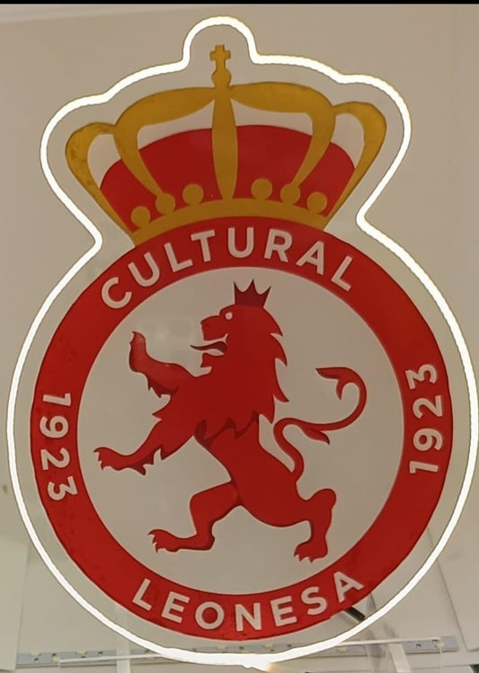 Cartel Luminoso neon y metacrilato,vinilo Cultural fútbol con Corona, LED Decorativo, Rojo y Dorado 40x30 cm medidas
