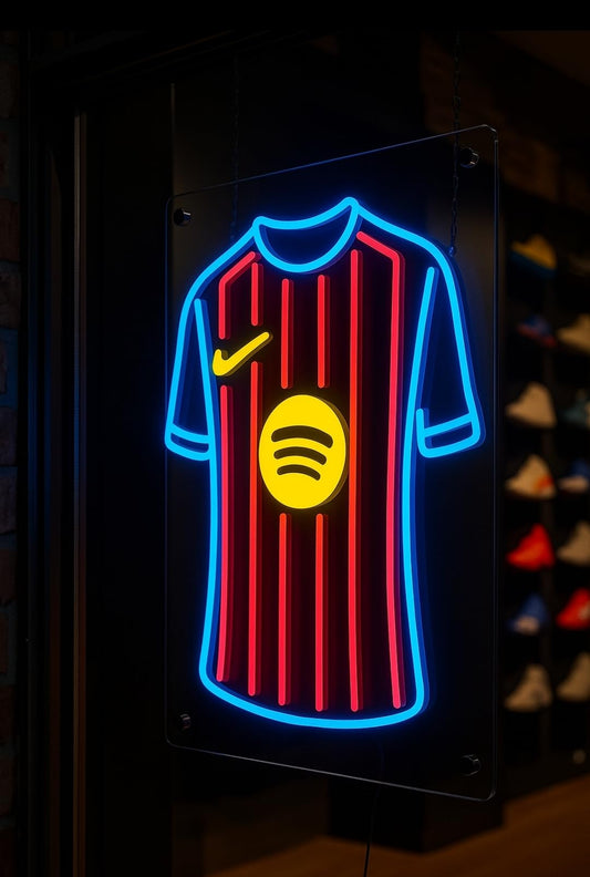 Letrero LED neón en metacrilato Deportivo regalo Barcelona Diseño de Camiseta Neón, Azul y Rojo, Iluminación Decorativa