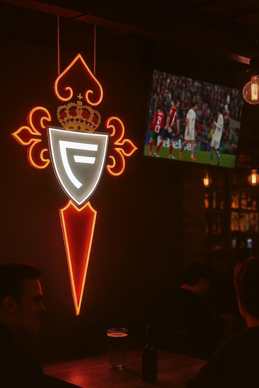 Letrero metacrilato y cinilo con LED de Neón Decorativo, Diseño de Escudo de regalo celta de vigo con Corona, Iluminación Roja y Blanca liga de futbol medidad 35x28 cm