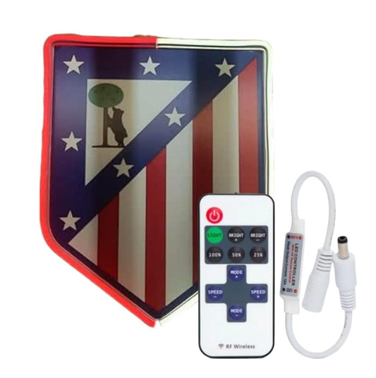 Escudo del Atlético Madrid, Insignia Deportiva en Relieve con neón led y césped artificial no incluido, metacrilato,neón led,vinilo medidas 35x30cm con mando regulador