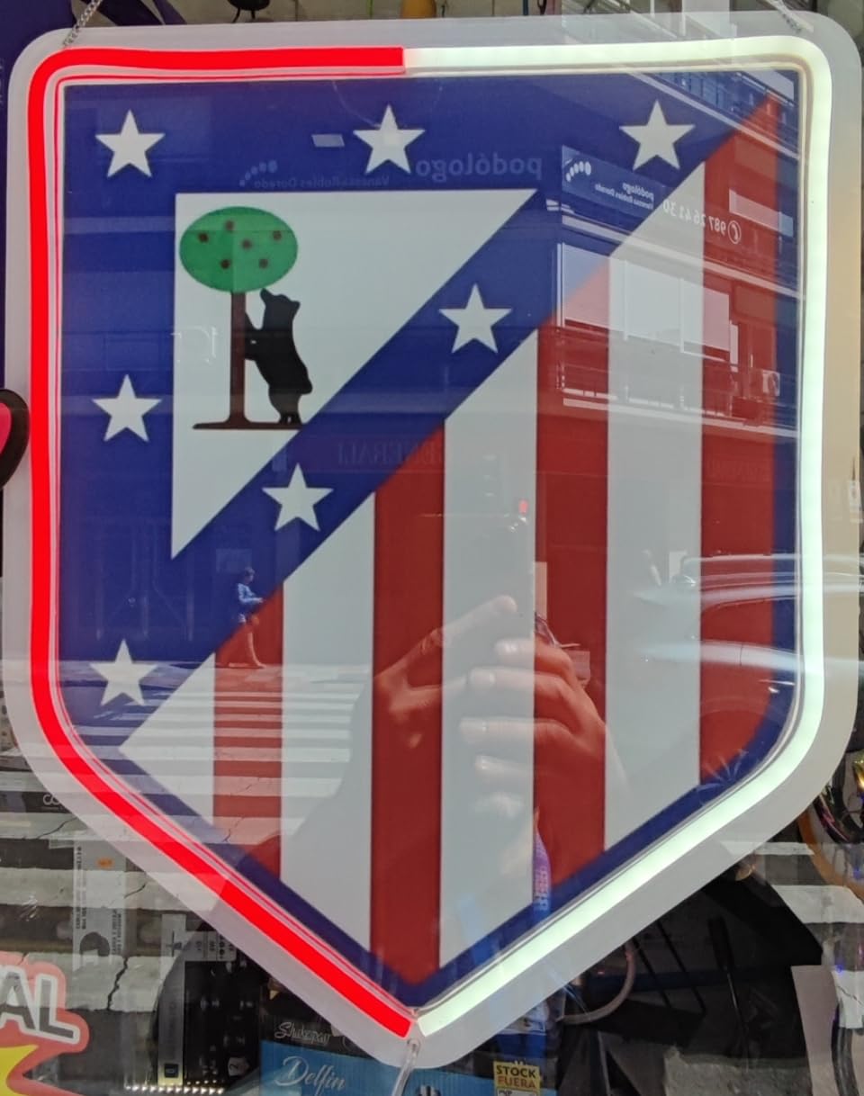 SOLOLED Escudo futbol regalos Atl Madrid, Placa Decorativa metacrilato neón led Diseño Deportivo con Estrellas, Rojo y Blanco