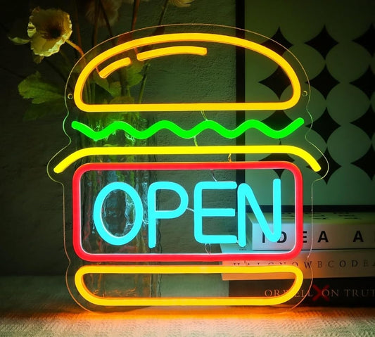 Letrero Luminoso de Neón Hamburguesa con OPEN, 31,5 x 32,7 cm, Multicolor