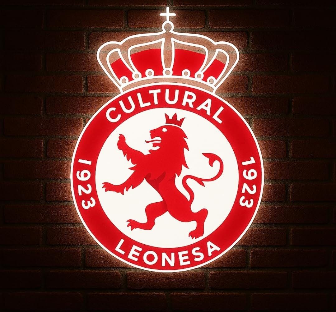 1 Cultural Leonesa escudo Pantalla metacrilato y vinilo con neón LED de Bar Deportivo, Logo Iluminado de la lga de futbol, Ambiente de Pub