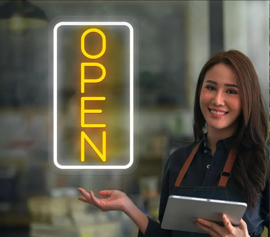 Letrero Luminoso Abierto de Neón, 20 x 41 cm, Luz Comercial para Pared, Amarillo/Blanco