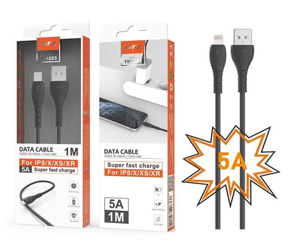 Cable datos USB 2.0 a Lightning iPhone X /12/13/14 / 1m / 5a / Carga rapida / Tb1223 / Negro / Mtk