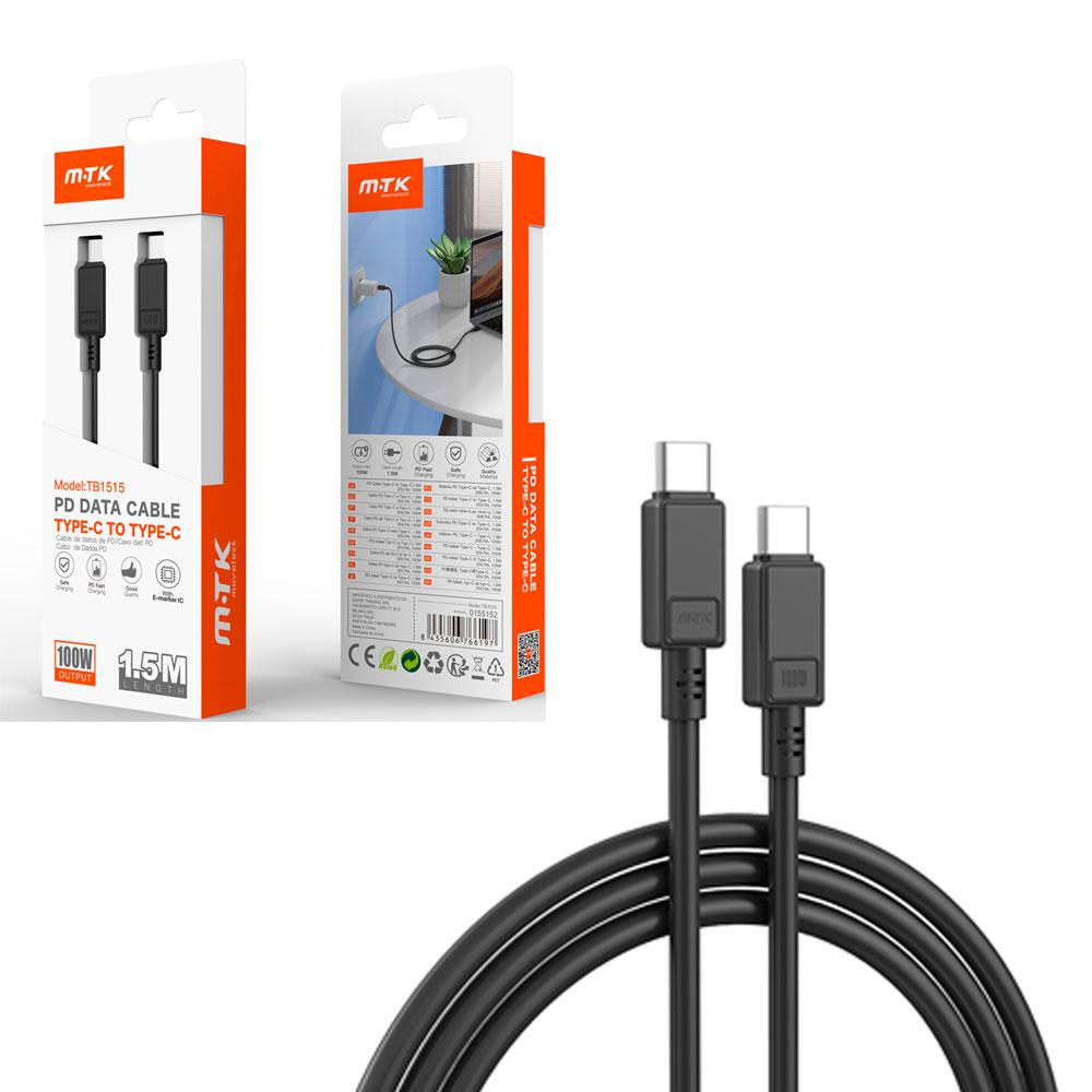 Cable datos Type-C M/M / 1.5m / 5a / Pd 100w max / Carga rapida / TB1515 / Chip IC / Negro / Mtk