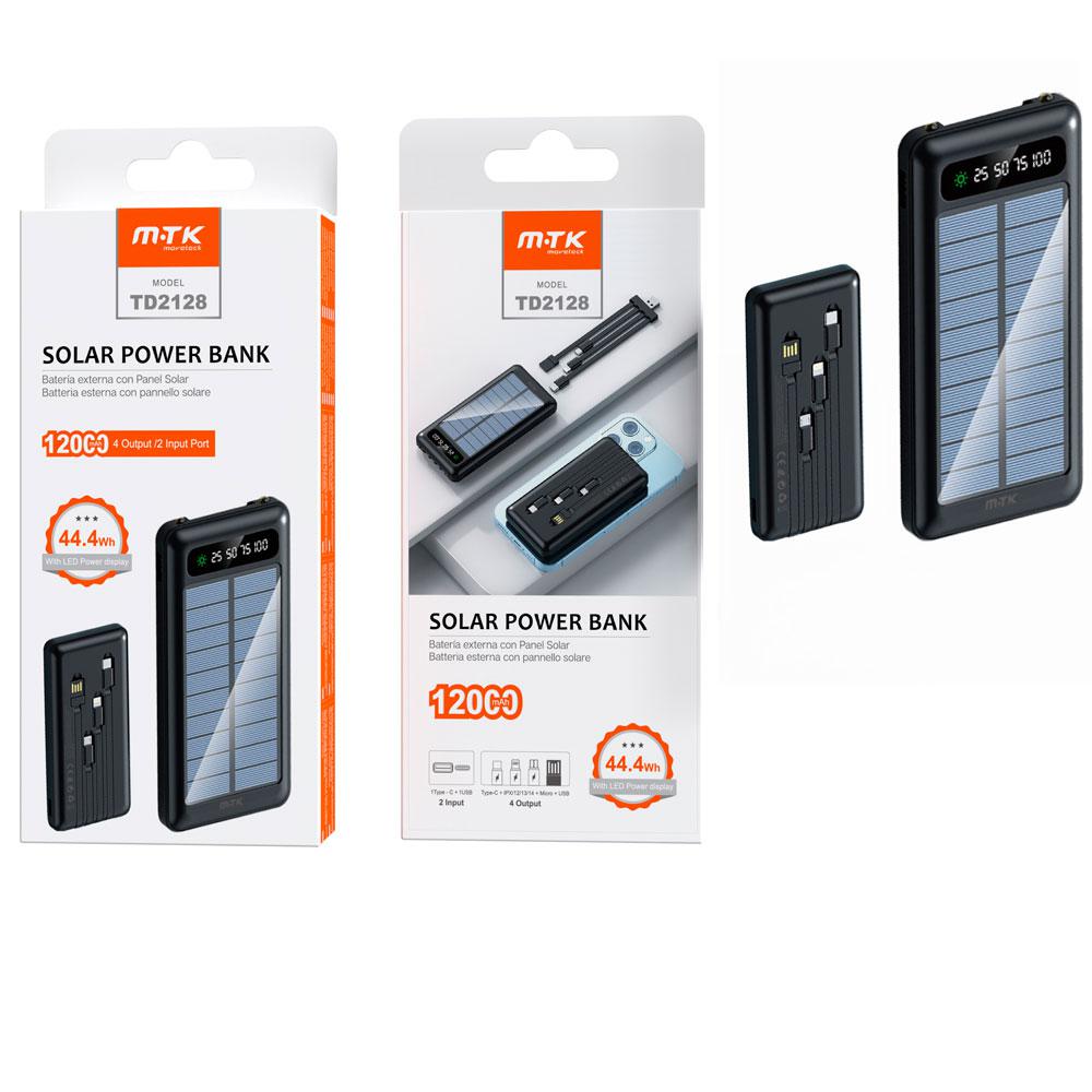 PowerBank TD2128 Panel Solar / Type-C / USB / 12000 mah / Type-c / MicroUsb / Usb / Iphone 14 / NEGRA / MTK / 0251282