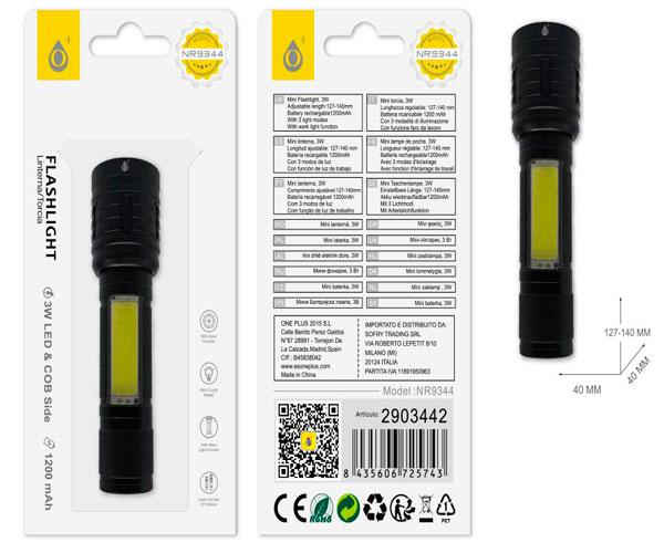 Linterna LED NR9344 / luz lateral / funcion zoom / 3 modos de luz / Bateria recargable 1200mAh / Negro