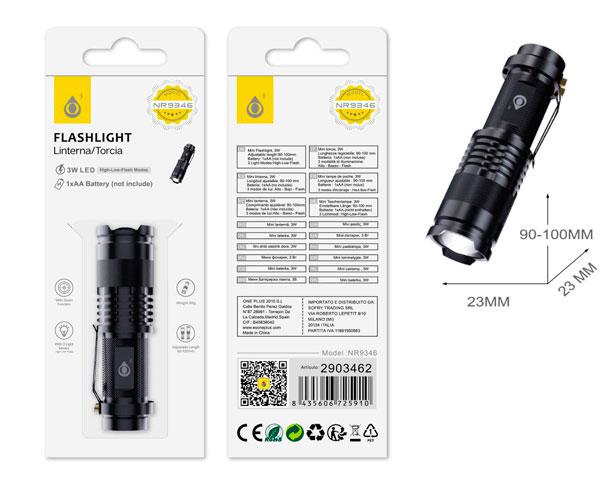Linterna LED NR9346 / funcion zoom / 3 modos de luz / Bateria 1*AA / Negro