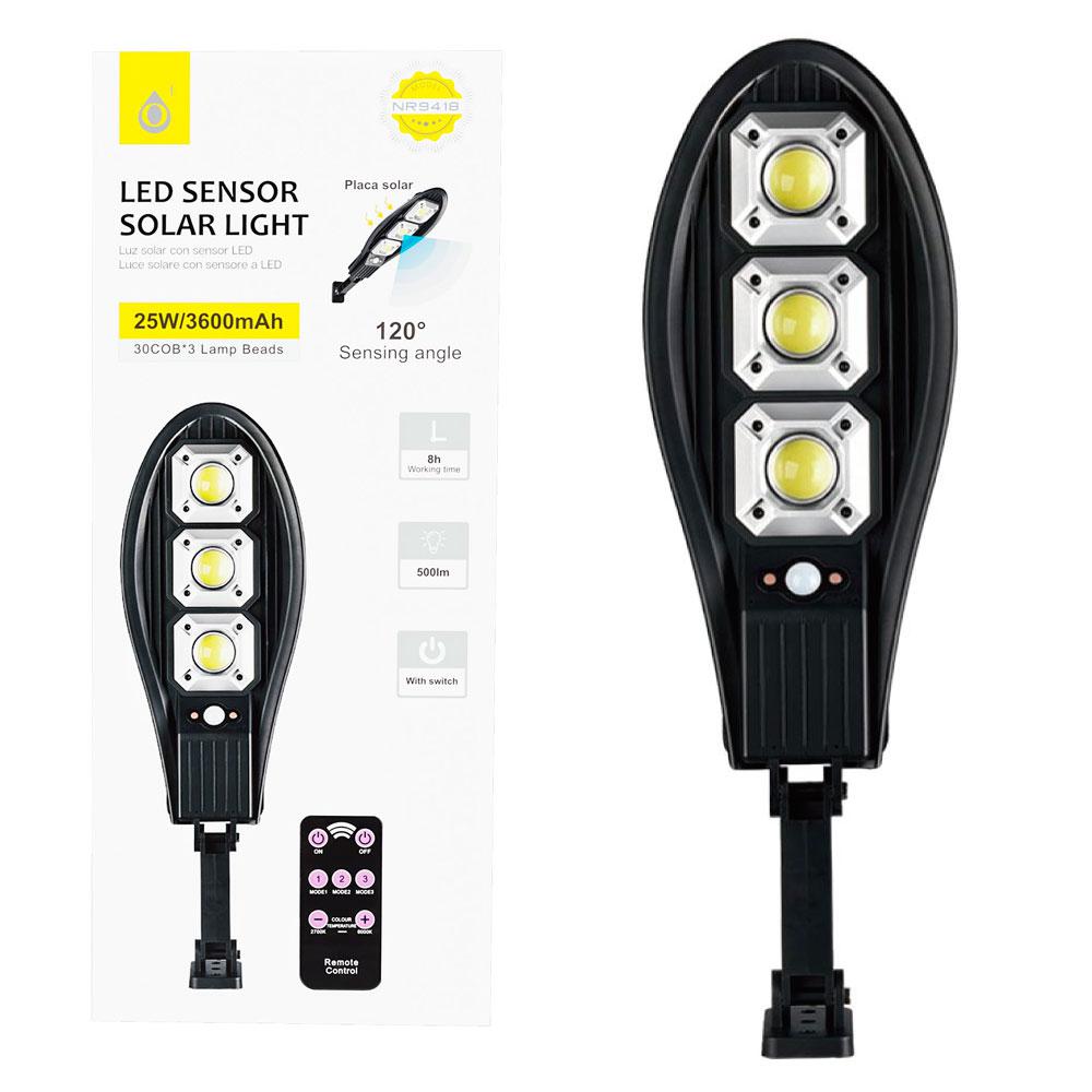 Lampara solar Led 25W / NR9418 / 30 COB / Luz para exterior/ Sensor de movimiento 3m-5m / 120º / Ip44 / 3600mAh / Negro / One+