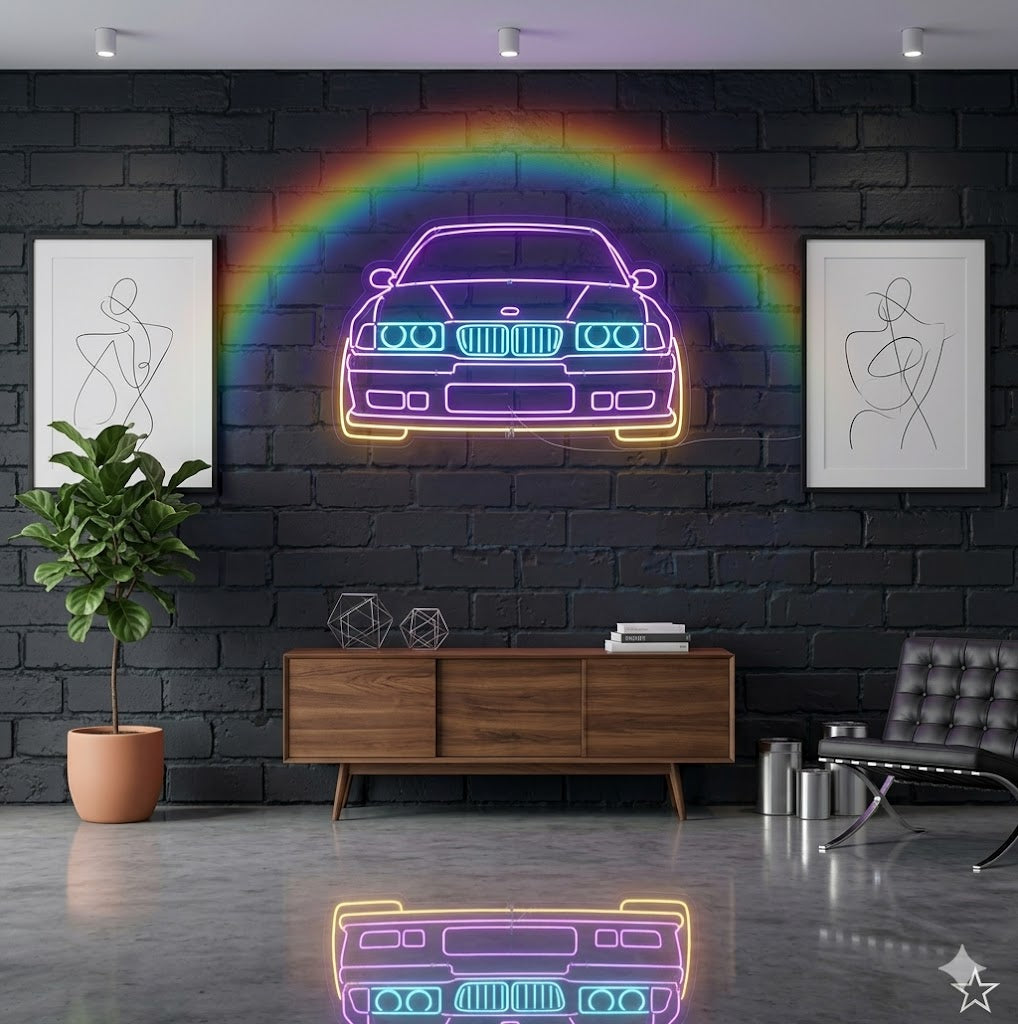 Letrero Luminoso de Neón LED - Silueta de Coche Deportivo Clásico / Estilo Alemán Años 90".