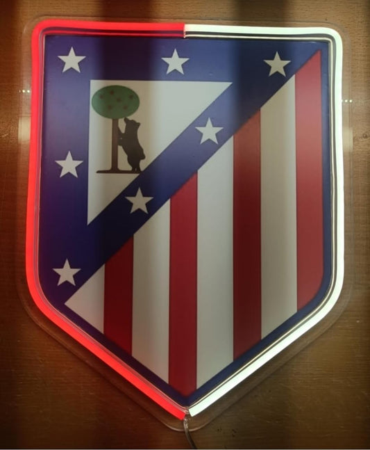 Escudo del Atlético Madrid, Insignia Deportiva en Relieve con neón led y césped artificial no incluido, metacrilato,neón led,vinilo medidas 35x30cm con mando regulador