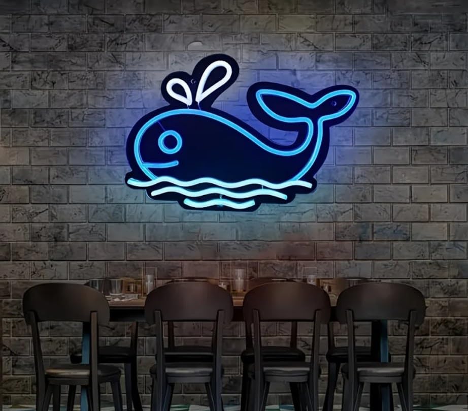 Letrero Neón de Palabra "Ballena", Luz neón LED, Blanco Frío y Blanco Cálido, Decoración de Pared con base metacrilato transparente,cadena,cable de 1.5 m y alimentación 12 v medidas 40x25 cm