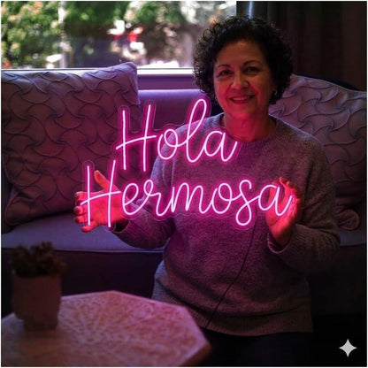 Letrero Neón de Hola Hermosa, Luz neón LED, Rosa, Decoración de Pared con base metacrilato transparente, cadena, cable de 1.5 m y alimentación 12 v medidas 65x40 cm