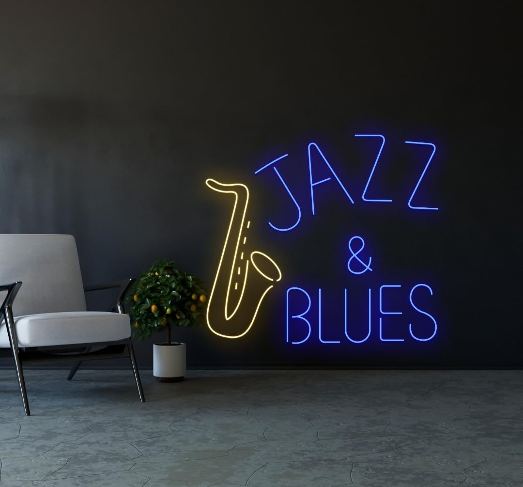 soloLED Letrero CARTEL JAZZ Y BLUES LED NEON brillante Escaparate, Decoración de Pared en Metacrilato transparente, Luz Brillante, aproximadamente 60cm alimentación 12v