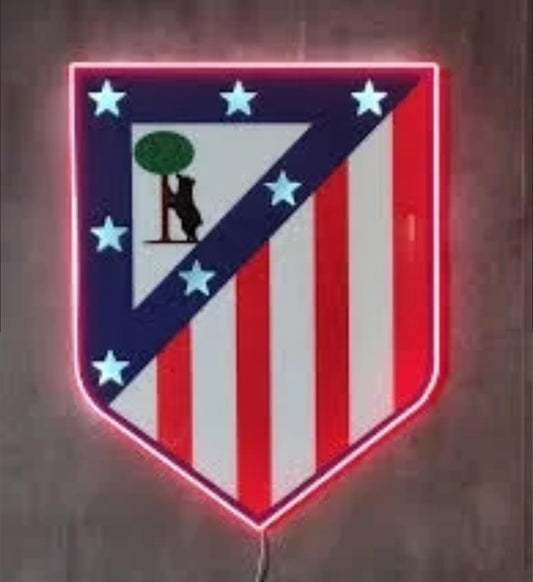 Escudo Luminoso LED de At Madrid, Decoración Deportiva de Pared, Diseño Club vinilo,metacrilato,neon led 35x27 medidad liga de futbol