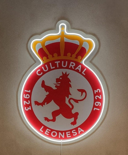 1 Cultural Leonesa escudo Pantalla metacrilato y vinilo con neón LED de Bar Deportivo, Logo Iluminado de la lga de futbol, Ambiente de Pub