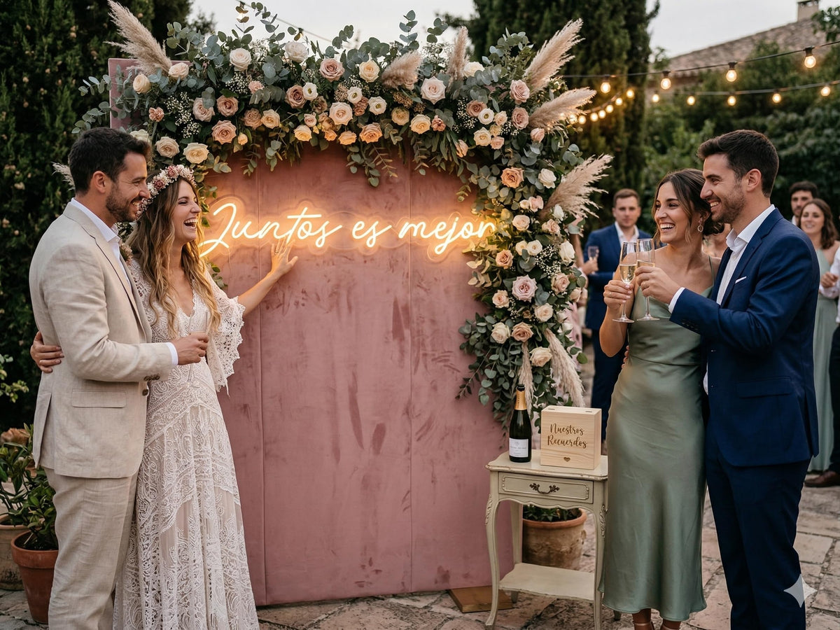 Letrero LED de Neón con Frase Juntos es Mejor con Luz Cálida, Luz Decorativa 100l x 30an Centímetros, Alimentador 12V, Luz Neón para Bodas y Ceremonias
