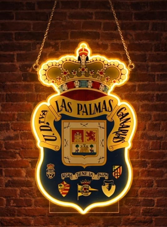 Letrero regalo Escudo 2° división Las Palmas Luz de Pared con Corona,colores iluminados brillantes con base metacrilato,neón led y vinilo 40x30 cm aproximadamente con cadena y alimentación 12v