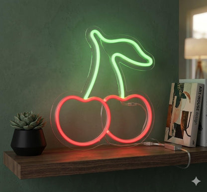 Letrero Neón de Cerezas, Luz neón LED, Bicolor (Rojo y Verde), Decoración de Pared con base metacrilato transparente, cadena, cable de 1.5 m y alimentación 12 v medidas 35x30 cm