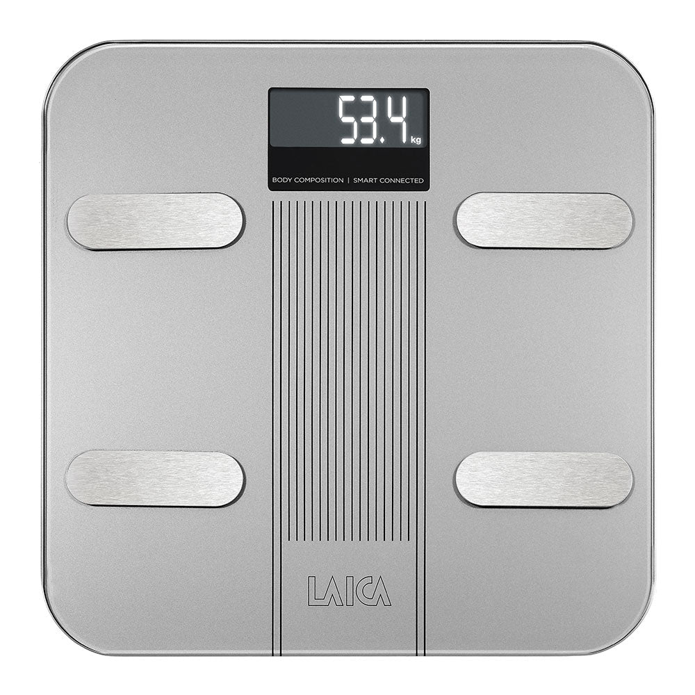 BASCULA DE BAÑO SMART BLUETOOTH CON CÁLCULO DE LA COMPOSICIÓN CORPORAL, COLOR PLATEADO, 180 kg