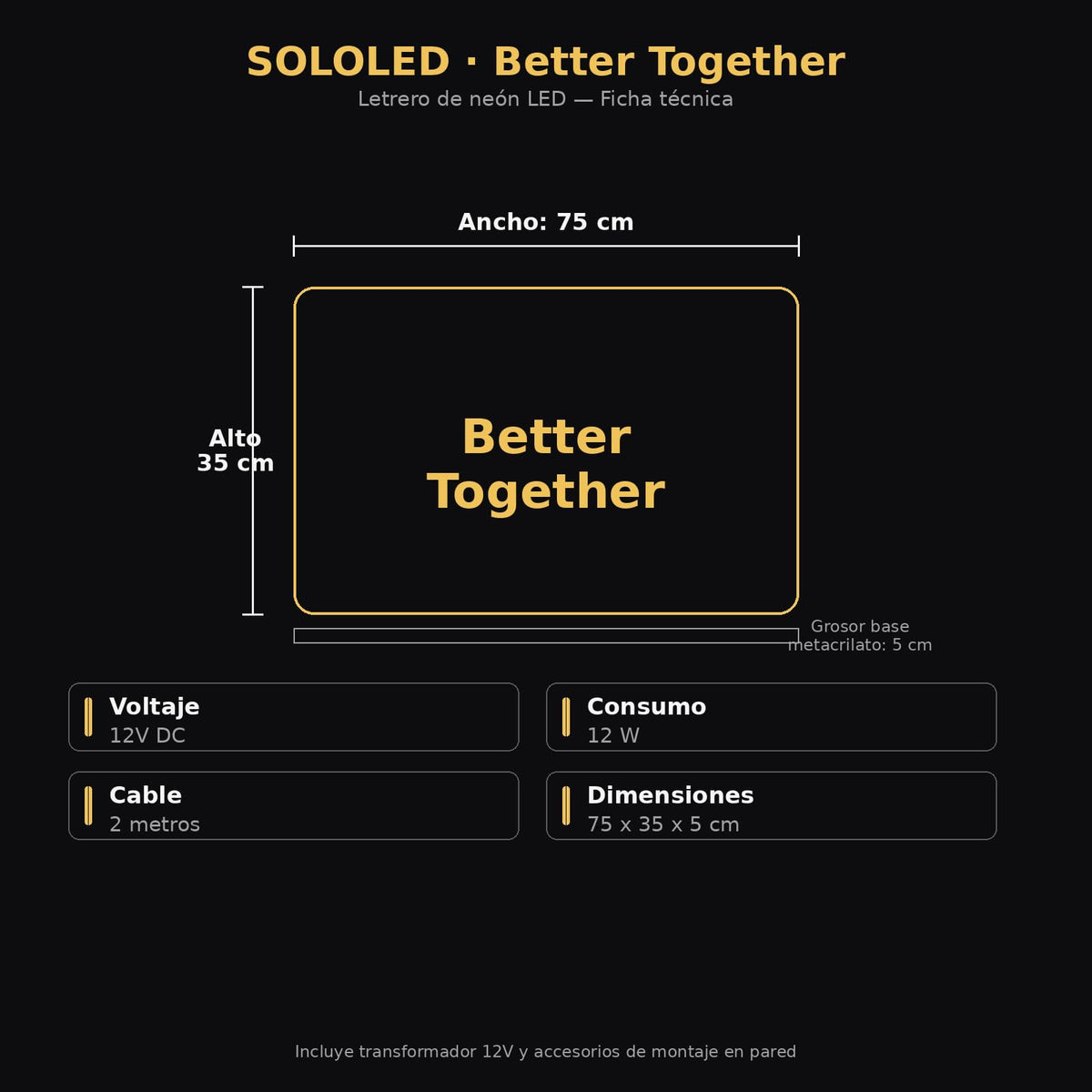 SOLOLED Letrero Neón LED 'Better Together' 75cm Cartel Luminoso Decorativo para Boda, Aniversario, Dormitorio, San Valentín, Regalo de Pareja, 12V Bajo Consumo