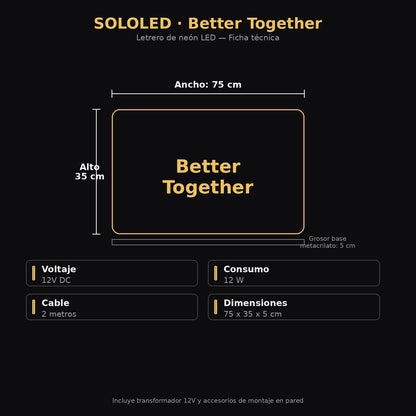 SOLOLED Letrero Neón LED 'Better Together' 75cm Cartel Luminoso Decorativo para Boda, Aniversario, Dormitorio, San Valentín, Regalo de Pareja, 12V Bajo Consumo