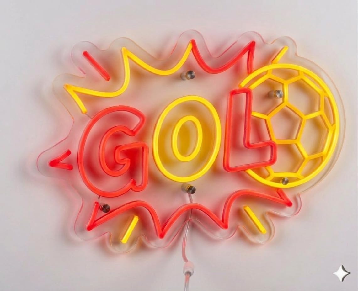 Neón LED GOL Letrero Luminoso de Fútbol Decoración de Pared para Habitación Infantil, Zona Gamer o Bar,Artesanal Hecho en España (cadena,cable de 1.5 m y alimentación 12 v medidas 40x,30cm
