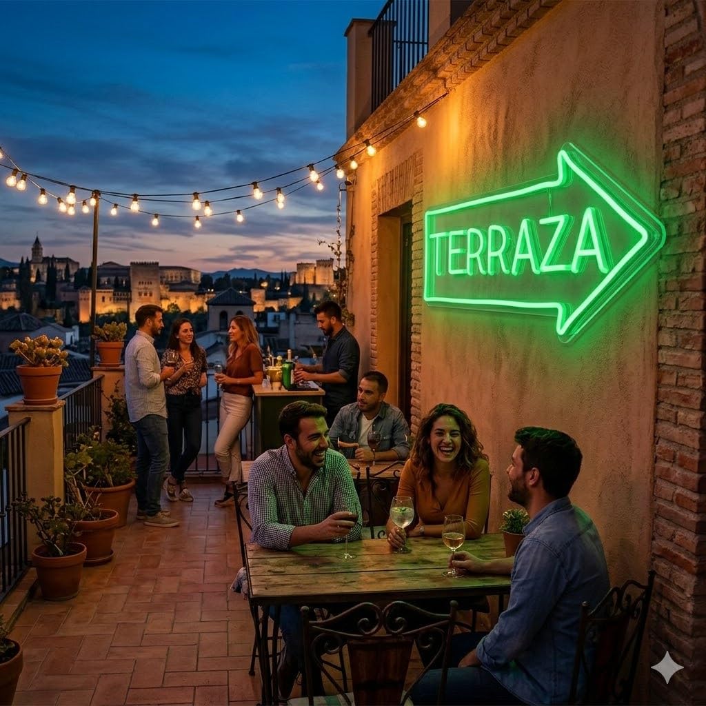 Letrero Neón de Flecha TERRAZA, Luz neón LED, Verde, Decoración de Pared con base metacrilato transparente, cadena, cable de 1.5 m y alimentación 12 v medidas 70x35 cm