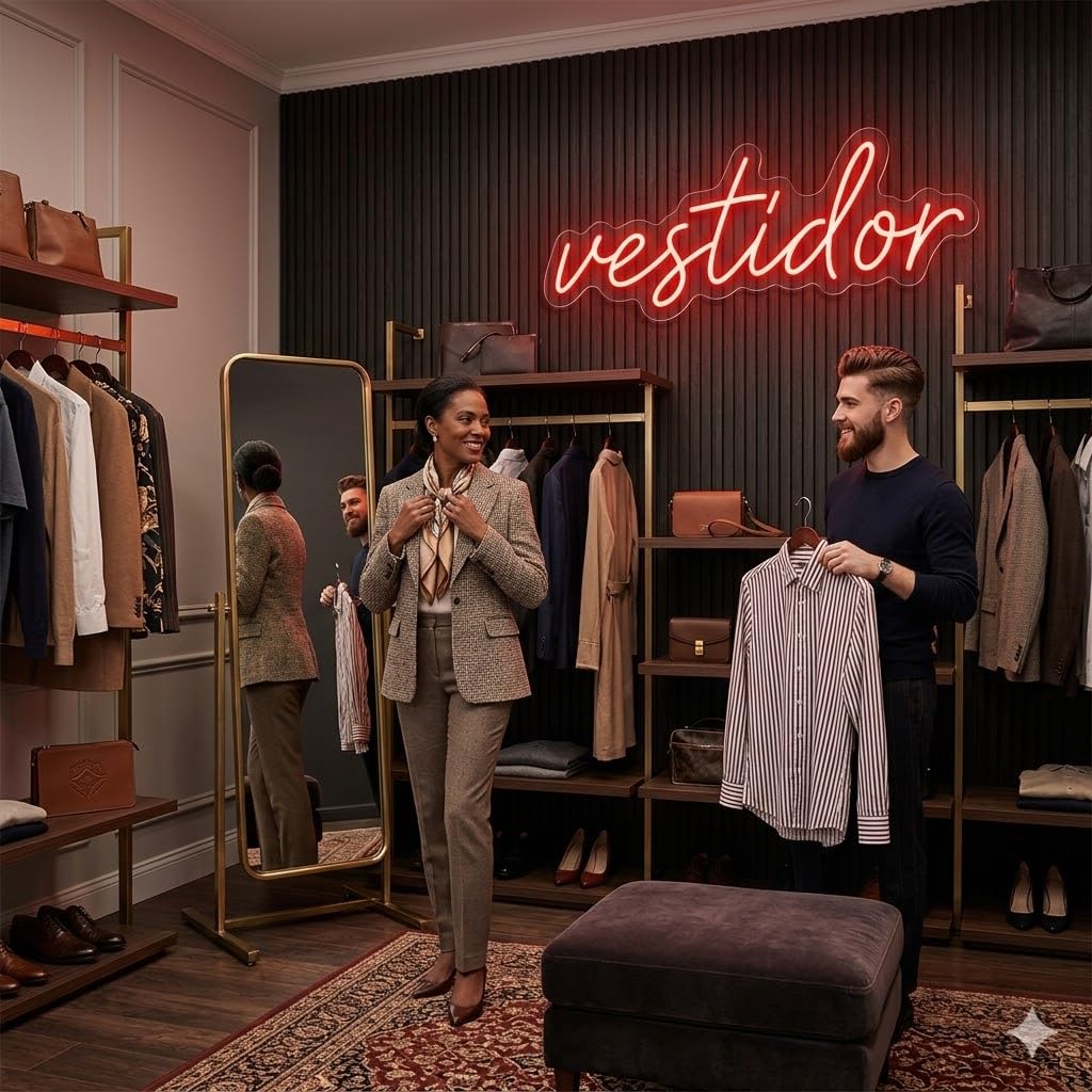 Letrero Neón de Vestidor, Luz neón LED, Rojo, Decoración de Pared con base metacrilato transparente, cadena, cable de 1.5 m y alimentación 12 v medidas 75x25 cm