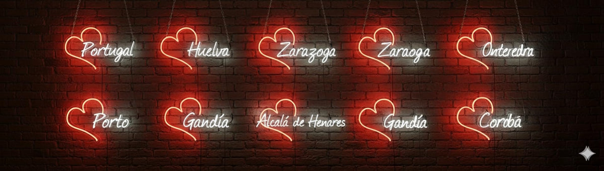 Elije tú Letrero personalizado de Neón LED con Corazón, Ciudades de España y Portugal, Decoración de Pared, Luz Roja y Blanca, metacrilato, alimentación 12 v medidas desde 35cm