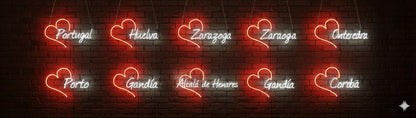 Elije tú Letrero personalizado de Neón LED con Corazón, Ciudades de España y Portugal, Decoración de Pared, Luz Roja y Blanca, metacrilato, alimentación 12 v medidas desde 35cm