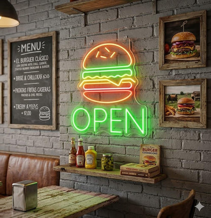 Lámpara de señalización Letrero De Neón De Hamburguesa Abierta, Decoración De Pared Para Restaurante, Tienda De Comida Rápida 50X53cm CO ALIMENTADOR 12V